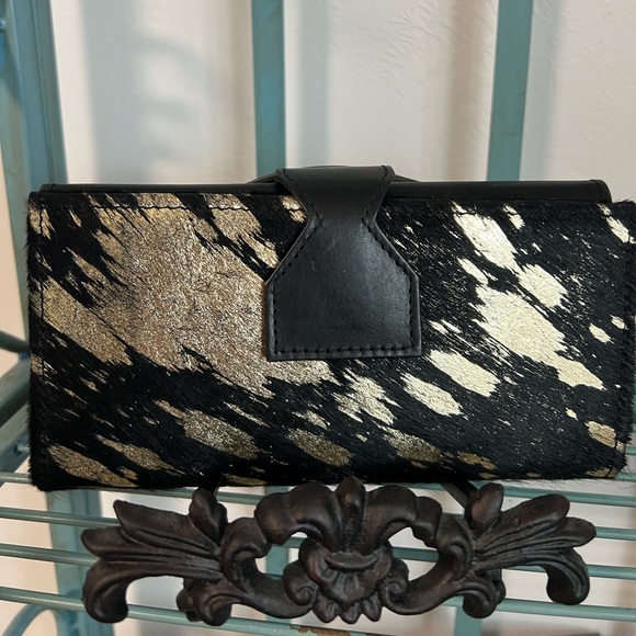 🎁Gold metallic Black Genuine Cowhide Leather Handmade womens Checkbook Wallet - Picture 6 of 10